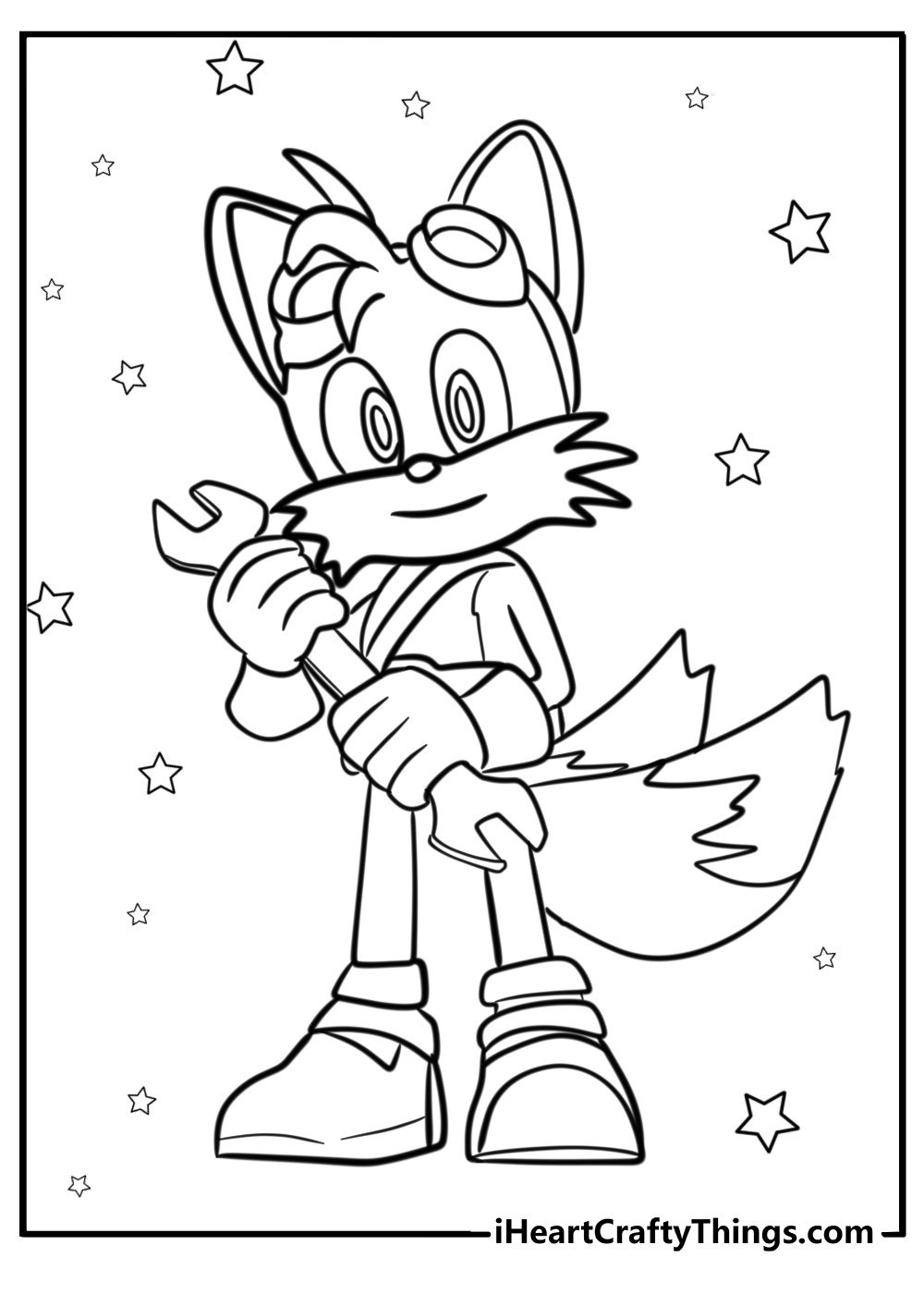 Detailed tails with goggles and wrench working on a machine coloring page