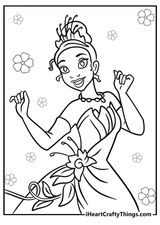 Princess and the Frog printable featuring princess Tiana dancing surrounded by flowers