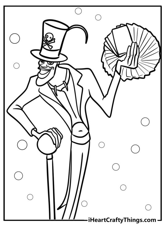 Coloring printable featuring Princess and the Frog character Dr Facilier with his deck of tarot cards