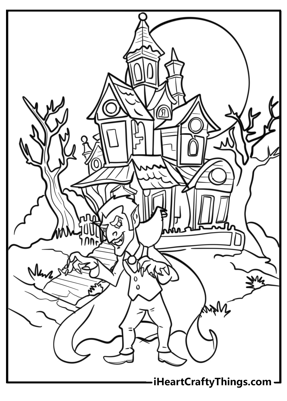 Dracula in a spooky castle fun Halloween coloring sheet