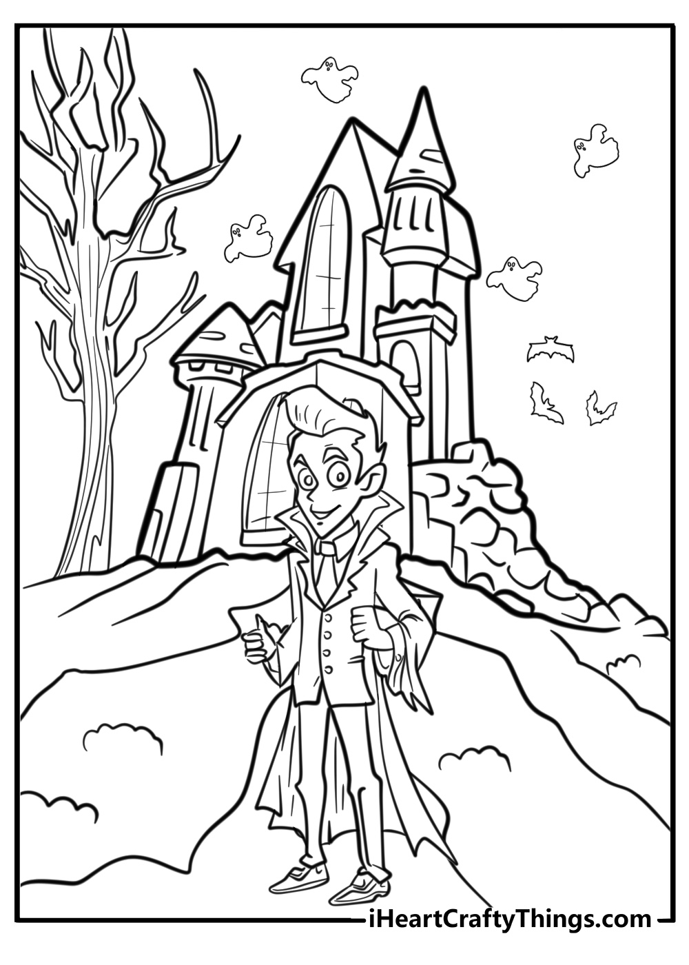 Cartoon Dracula with in front of a spooky castle printable Halloween coloring pages