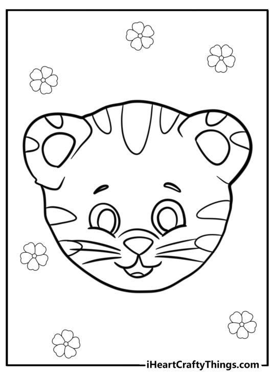 Printable coloring image for children featuring Daniel Tiger face with flowers all around it