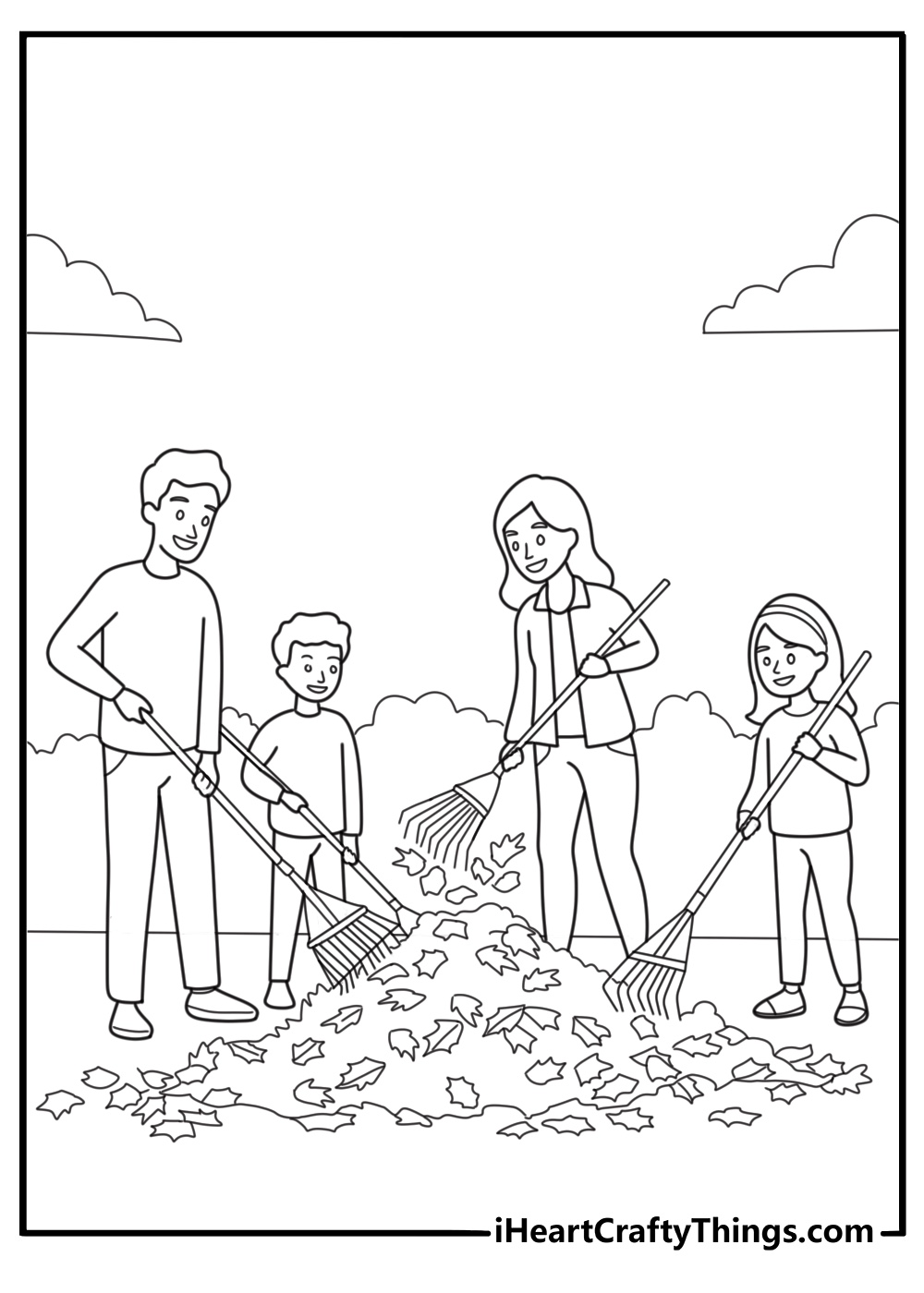 family raking leaves together