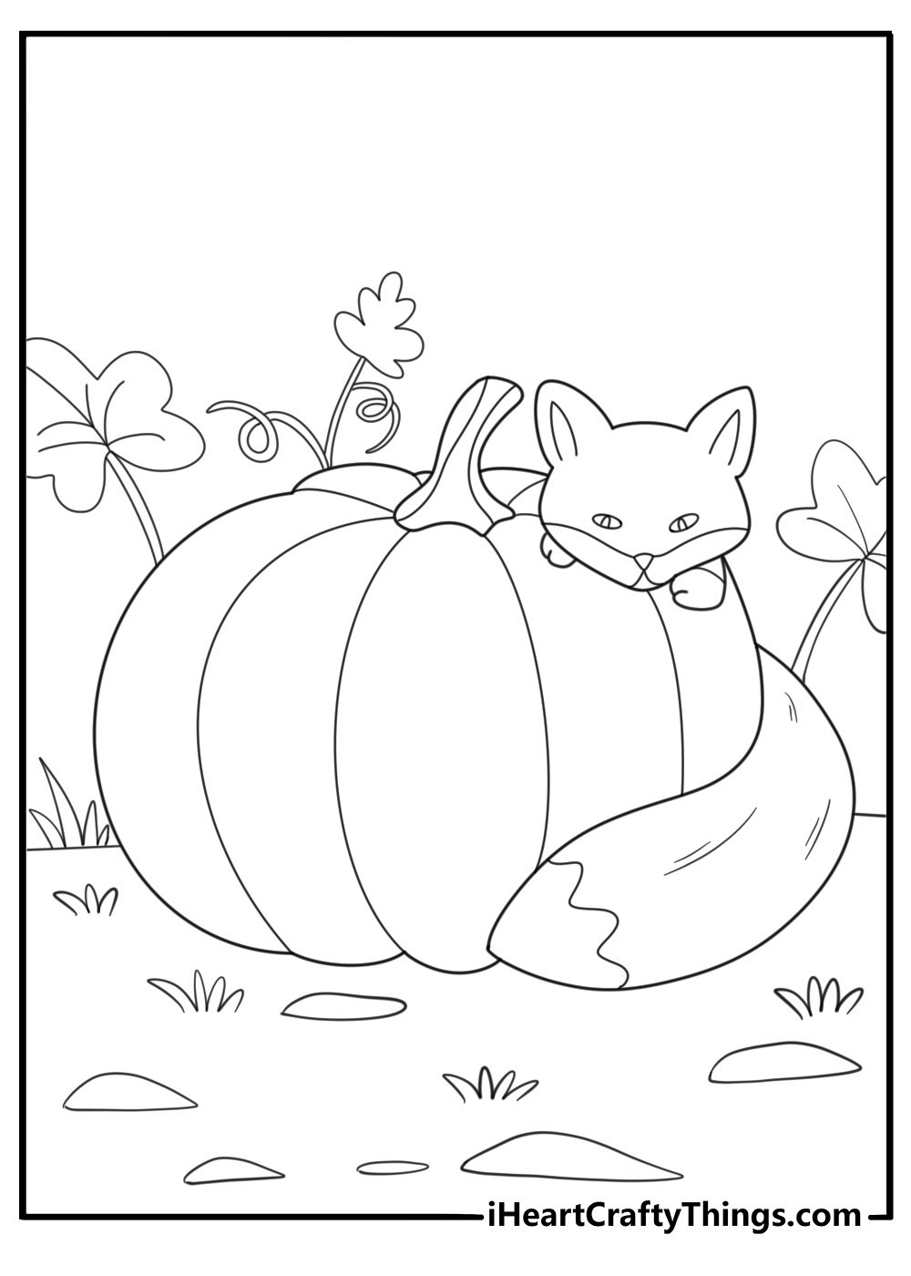 fox peeking from behind a pumpkin