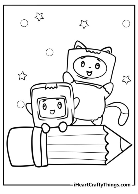 LankyBox coloring printable featuring characters Foxy and Boxy posing on a giant pencil