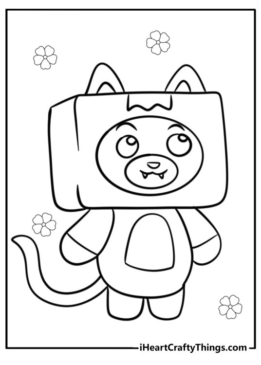 LankyBox-themed coloring page for children presenting character Foxy with flowers in the background