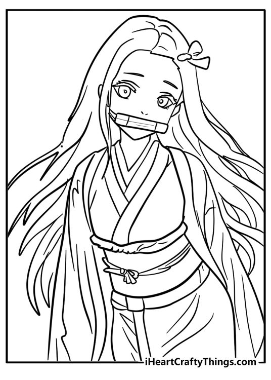 Free Anime girl-themed coloring picture presenting a fictional character Nezuko Kamado