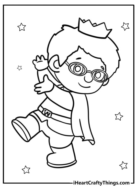 Daniel Tiger coloring image depicting Prince Wednesday dancing surrounded by stars