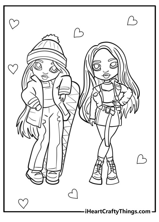 Coloring image featuring Rainbow High character Jade and another doll posing by her side