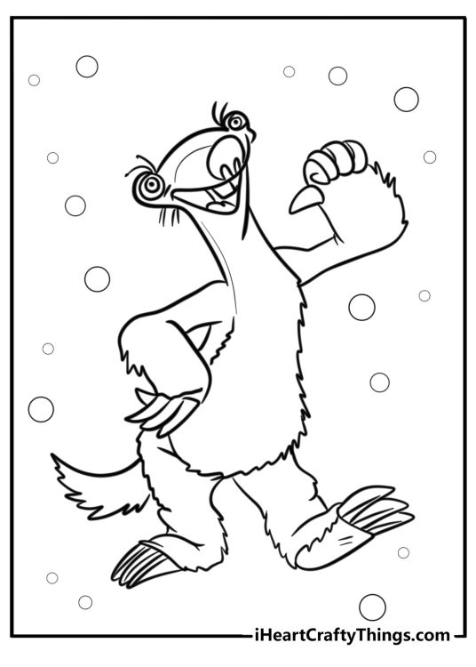 Sloth-themed coloring picture presenting cheerful sloth Sid from Ice Age with circles in the background