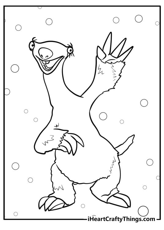 Sloth-themed coloring sheet featuring Sid from Ice Age waving cheerfully surrounded by bubbles