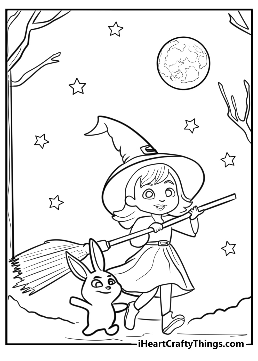 Friendly witch on a moonlit night coloring page