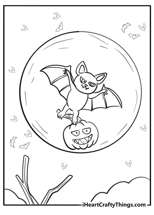 Full moon with bats flying free Halloween coloring page pdf