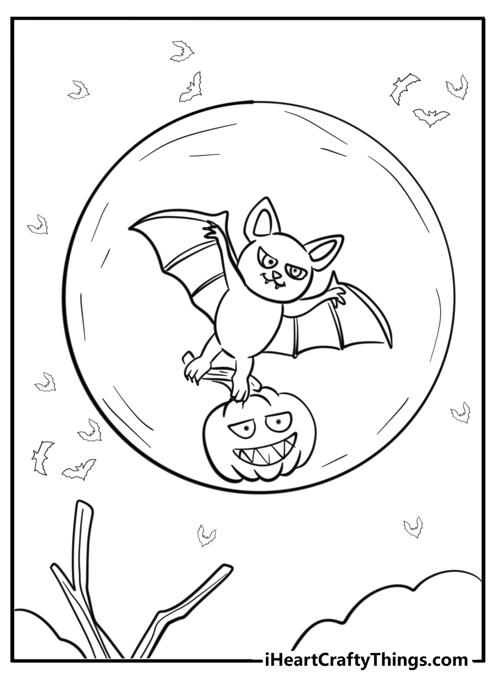 Full moon with bats flying free Halloween coloring page pdf