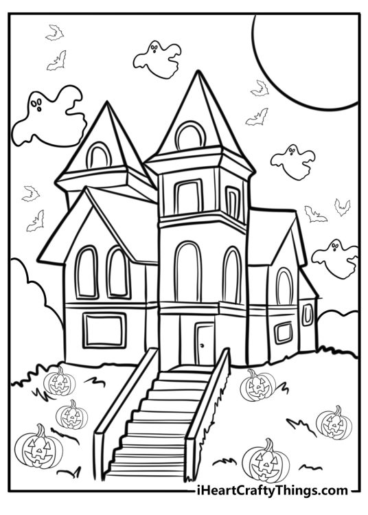 Ghost floating through a haunted house free coloring page pdf