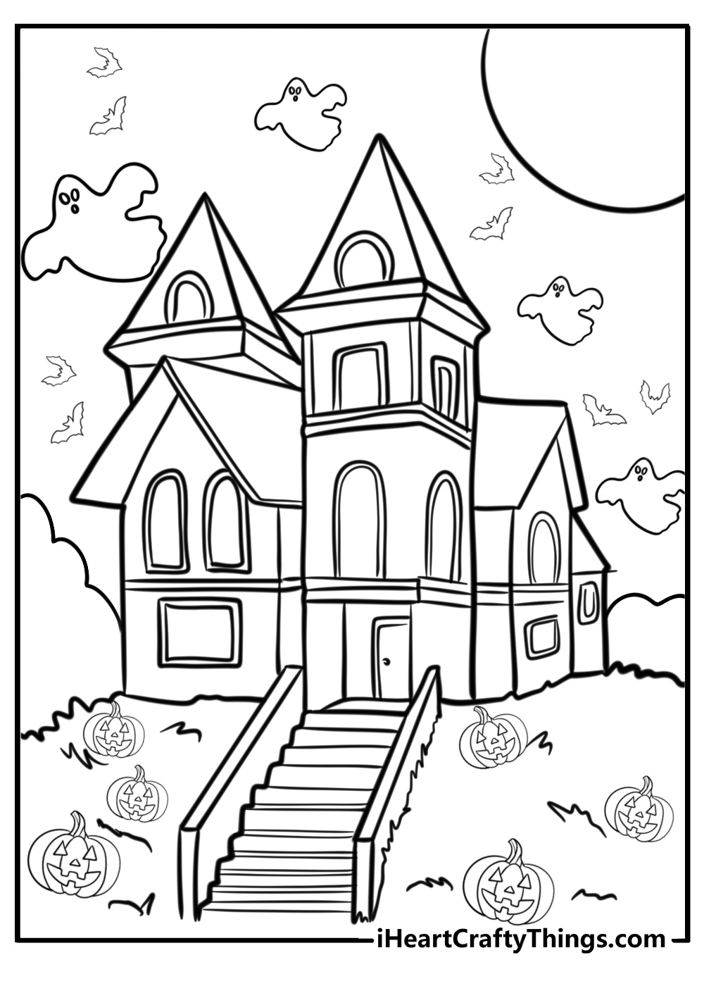 Ghost floating through a haunted house free coloring page pdf