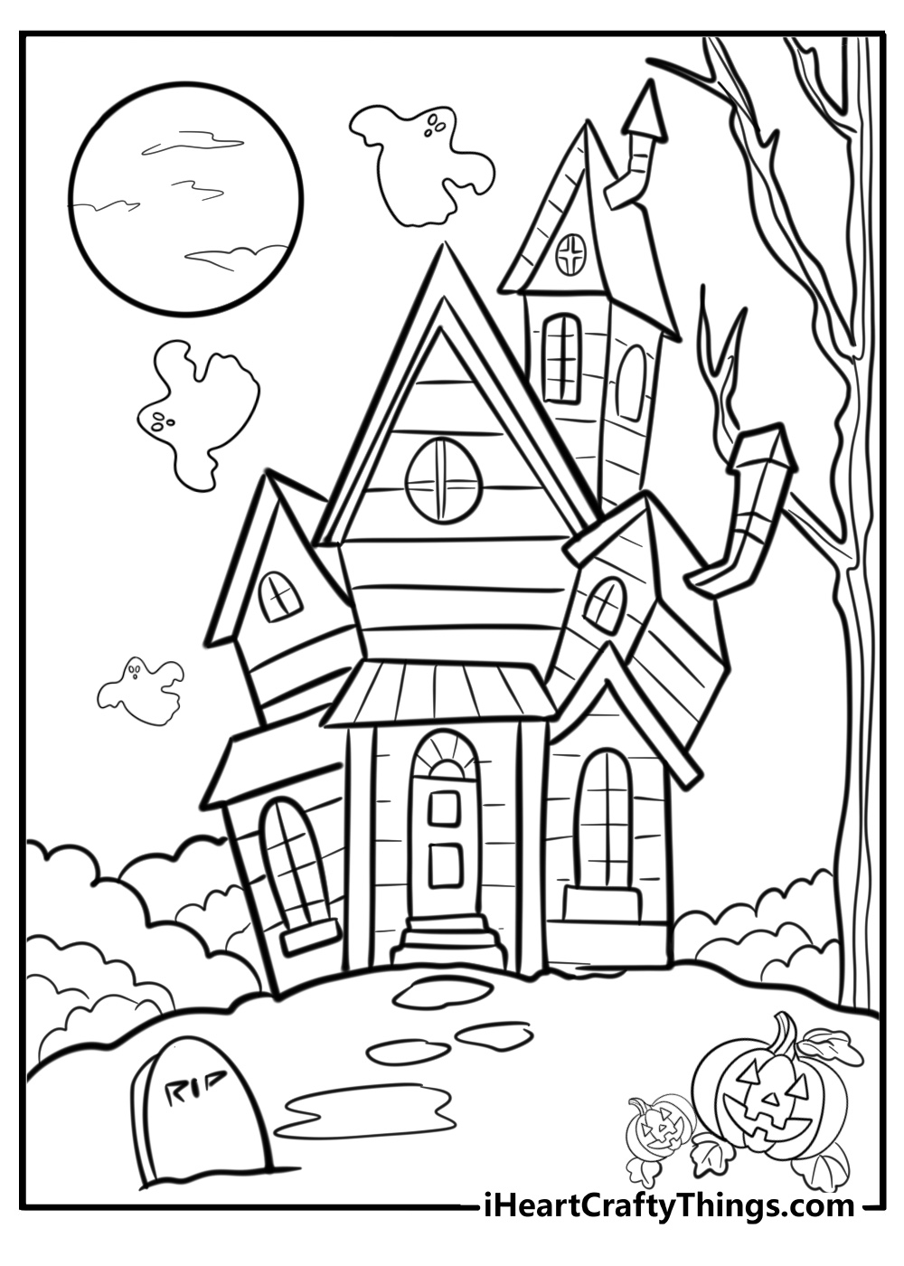 Ghosts flying around a haunted mansion free coloring page pdf