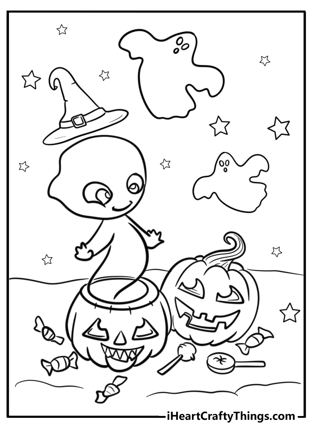 Ghosts playing in a pumpkin patch free Halloween coloring page