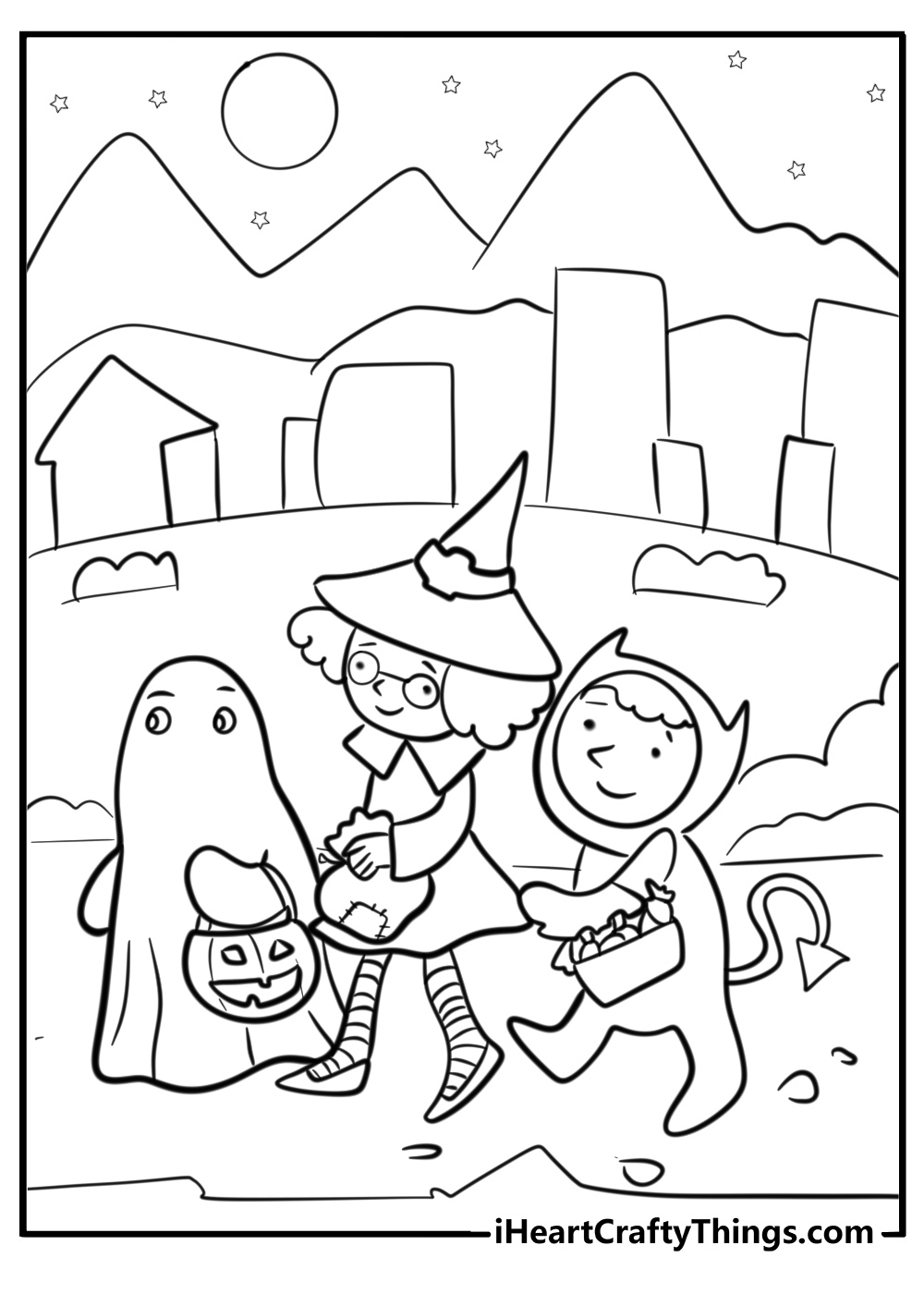 Halloween party with costumed kids free printable coloring page