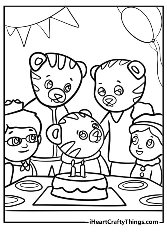 Printable coloring sheet featuring cute scenery of Daniel Tiger celebrating his birthday surrounded by family