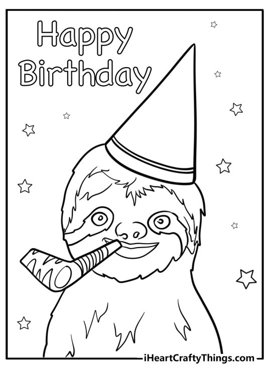 Coloring card featuring sloth with a party hat and a blower surrounded by stars and a Happy Birthday phrase