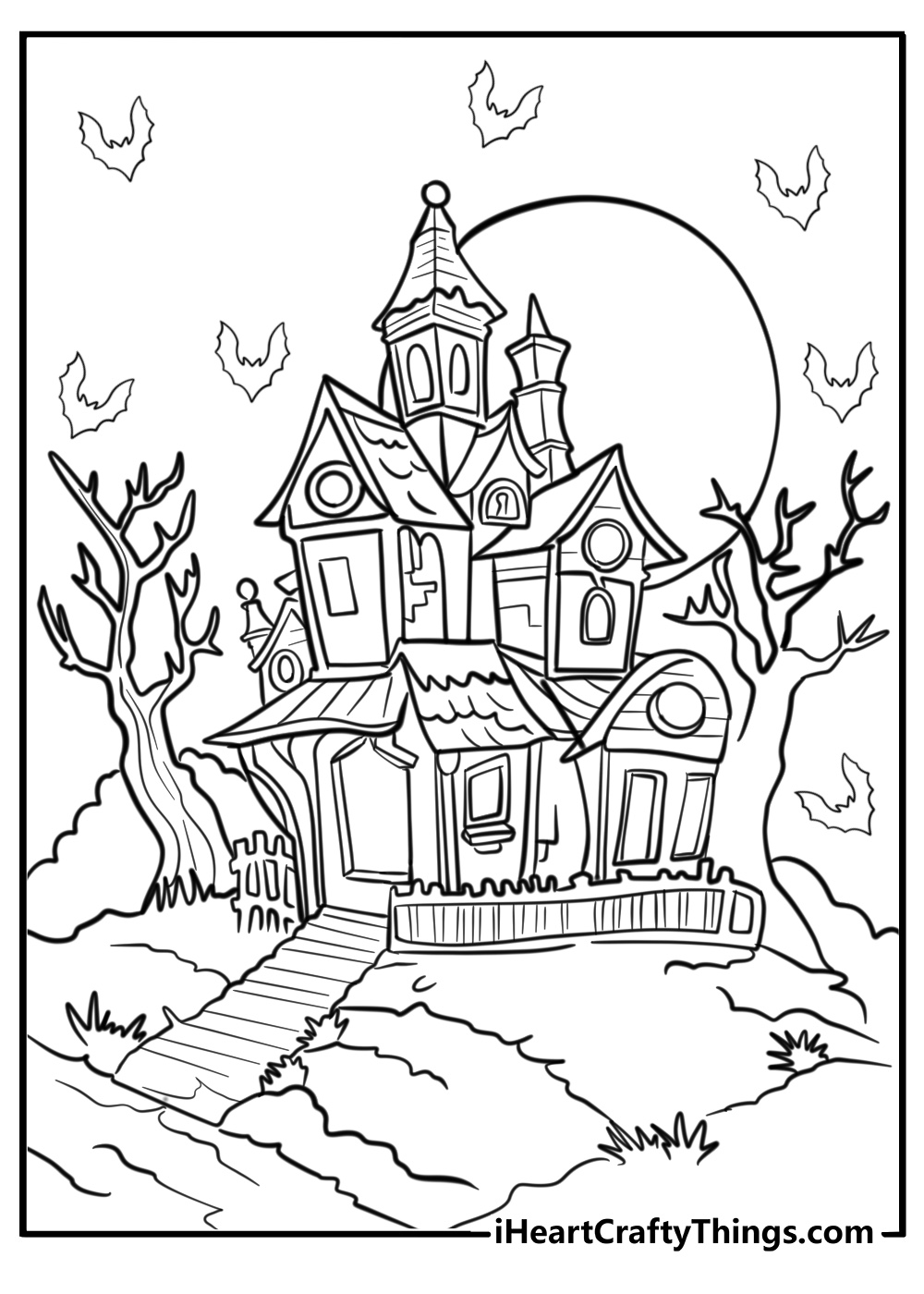 Haunted house with bats free Halloween coloring pages