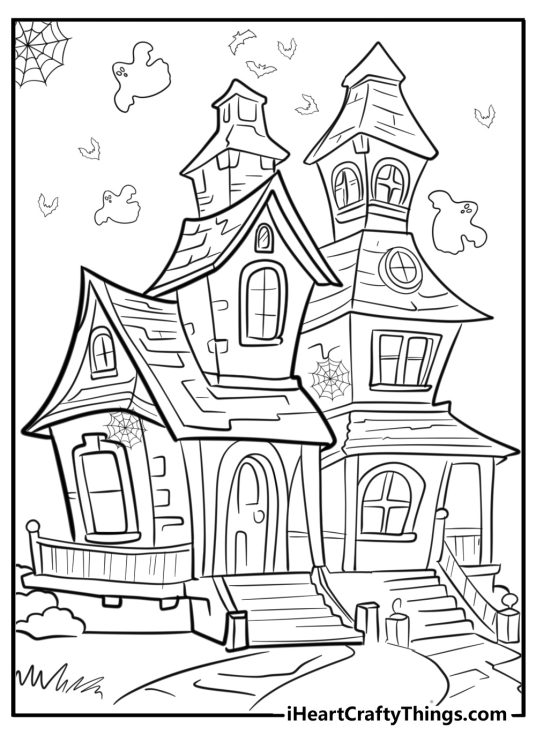 Haunted house with glowing windows detailed coloring sheet