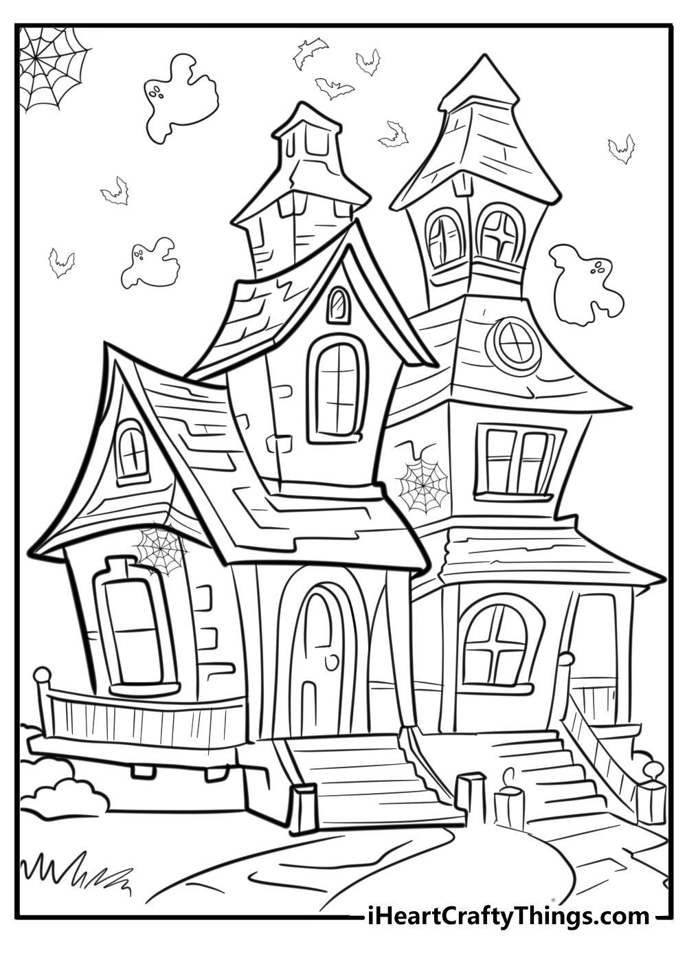 Haunted house with glowing windows detailed coloring sheet