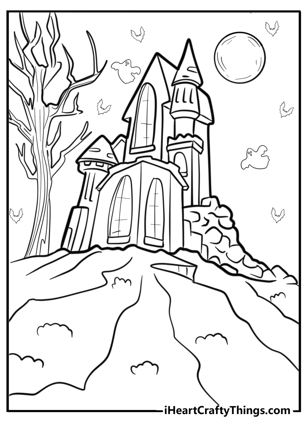 Haunted mansion on a hill fun coloring sheet for kids