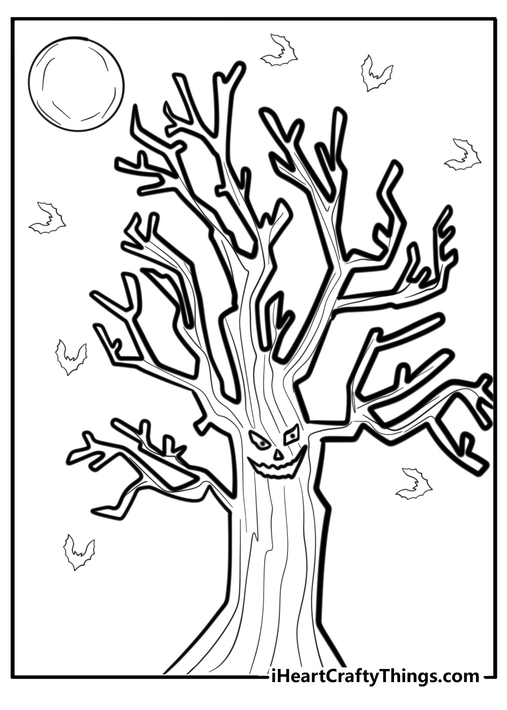 Haunted tree with creepy face detailed coloring sheet