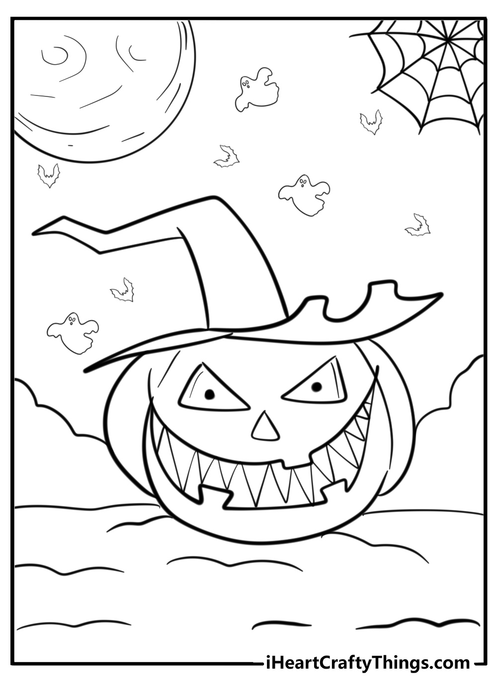 Jack-o'-lanterns with creepy faces free Halloween coloring page