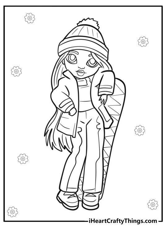Coloring image depicting Rainbow High character Jade Hunter leaning on her skateboard