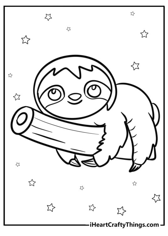 Printable image depicting lazy sloth laying on a tree branch with stars all around him