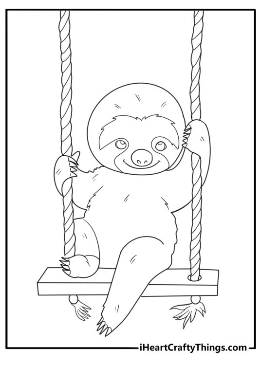 kawaii sloth sitting on a swing coloring page for kids