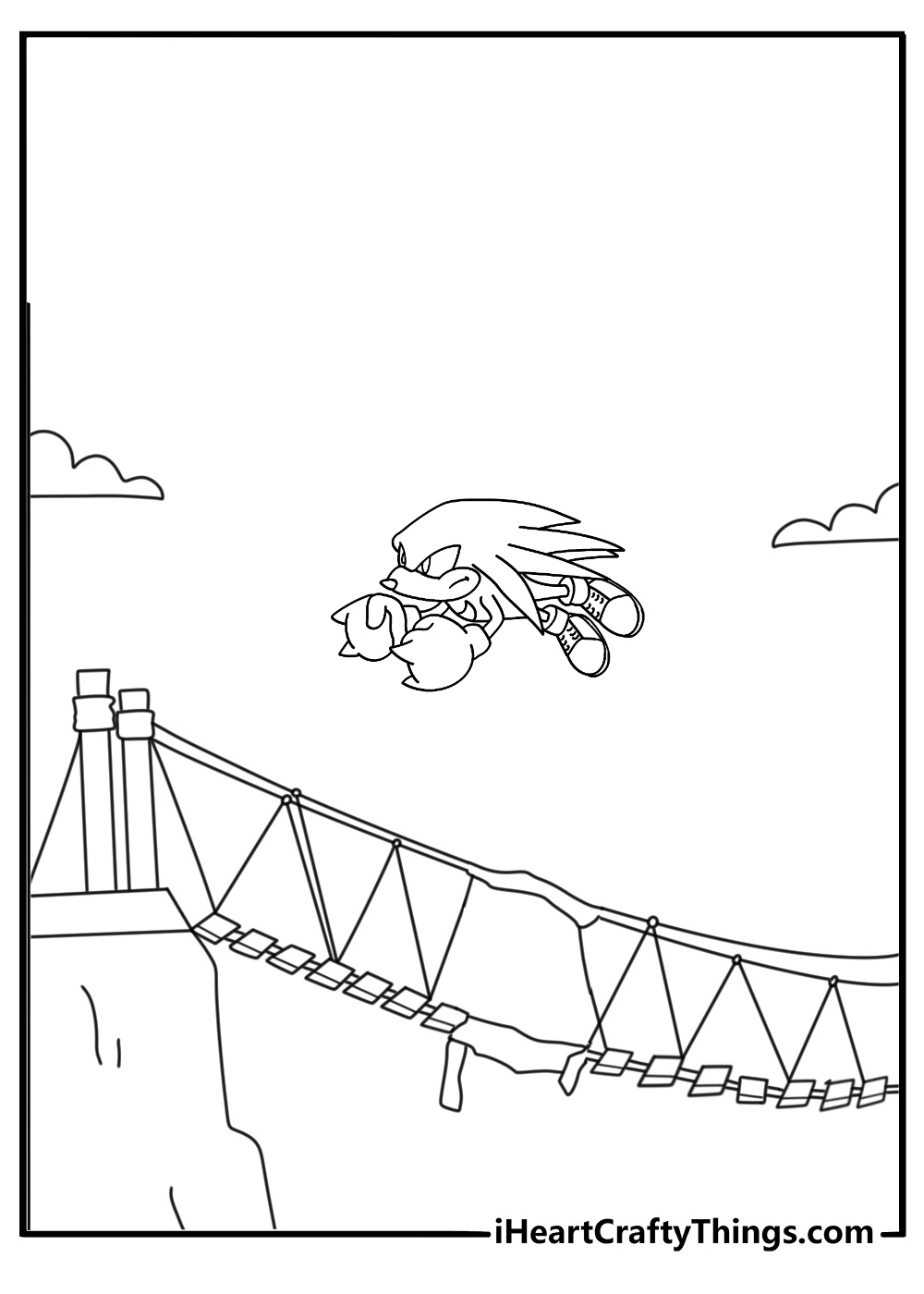 knuckles crosses a broken bridge above a deep canyon in this adventure coloring sheet
