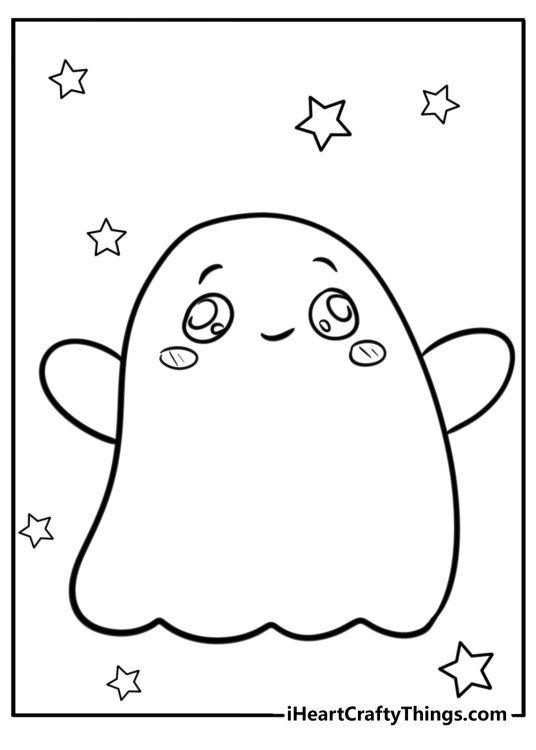 Coloring sheet for children showing LankyBox character Ghosty with stars all around him