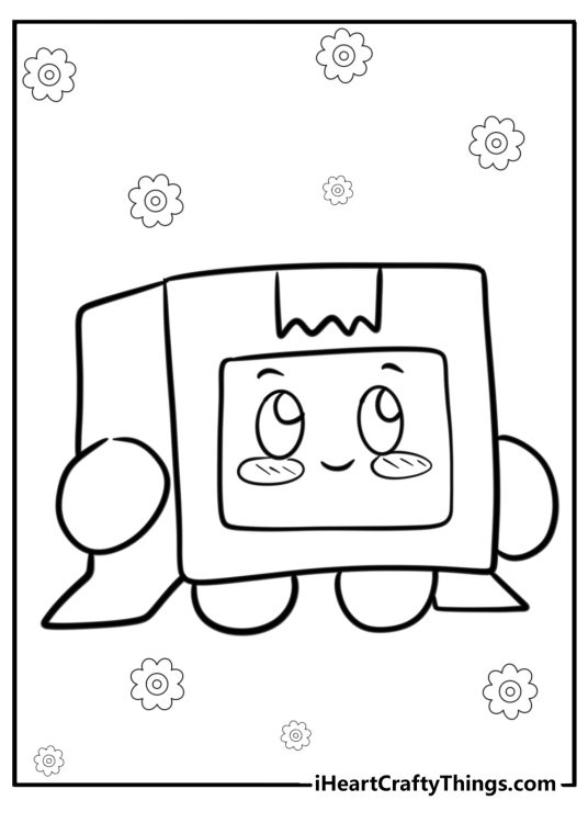 Printable coloring poster showing cute LankyBox character Boxy with flowers in the background