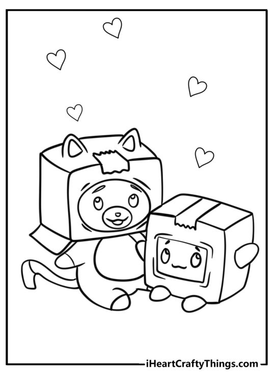 LankyBox coloring sheet showing Boxy and Foxy enjoying some fun playtime together