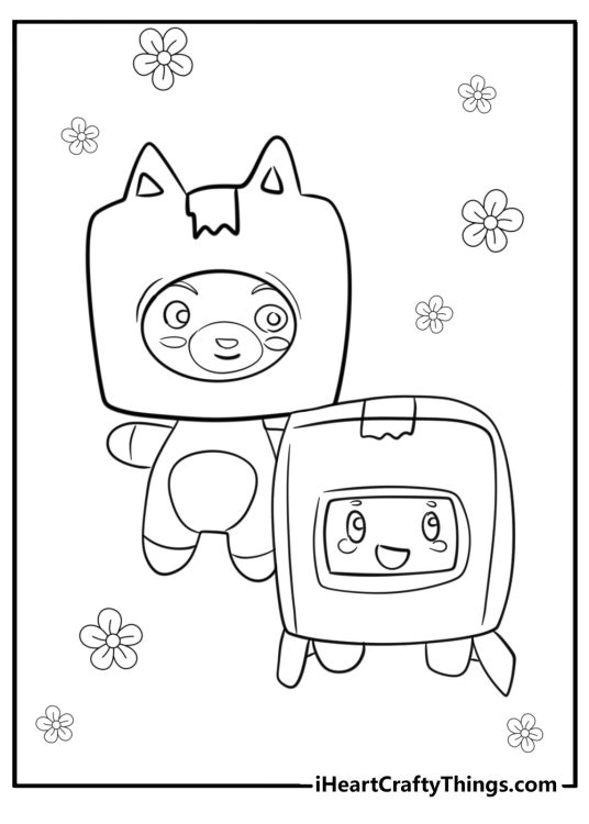LankyBox-themed printable presenting characters Foxy and Boxy posing surrounded by flowers