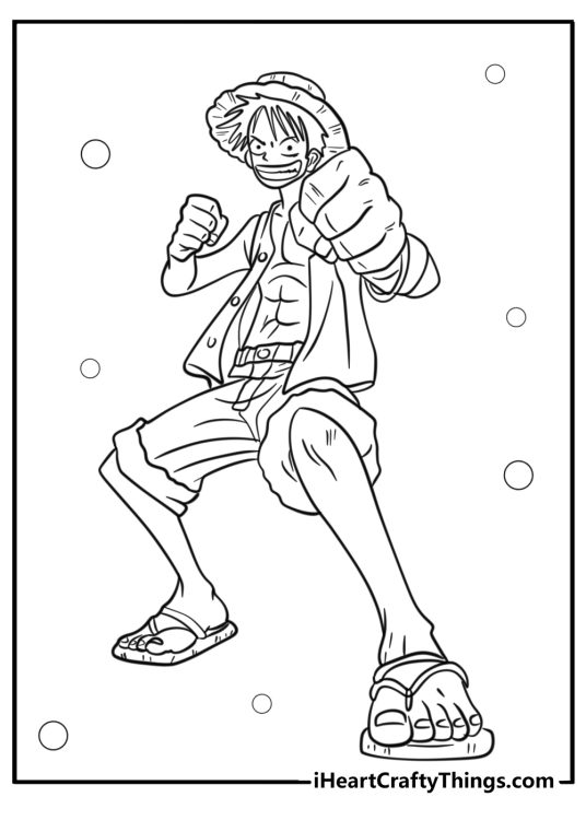 One Piece coloring page presenting character Luffy striking a cool fighting pose