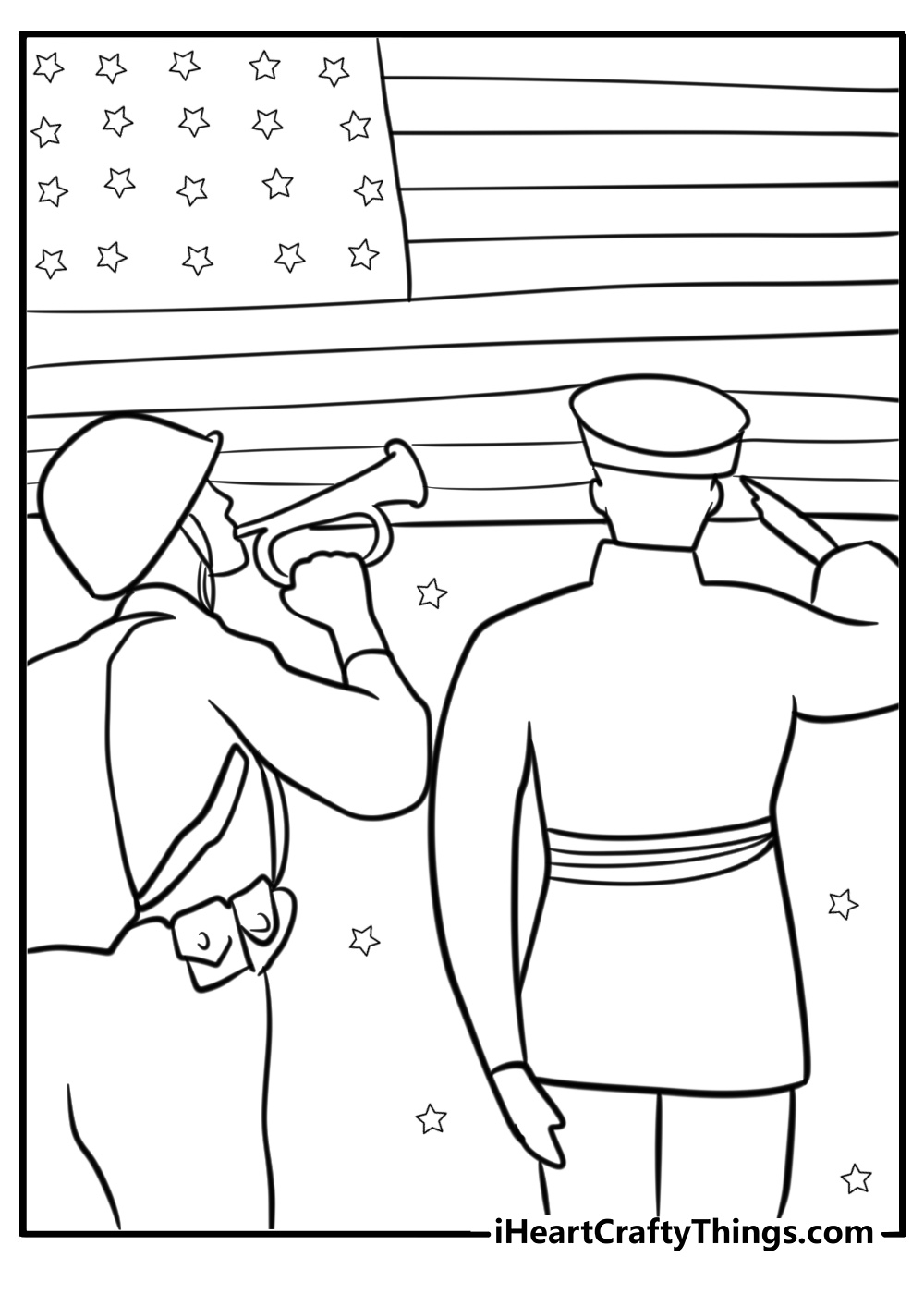 Memorial day ceremony with a soldier and a bugler coloring sheet