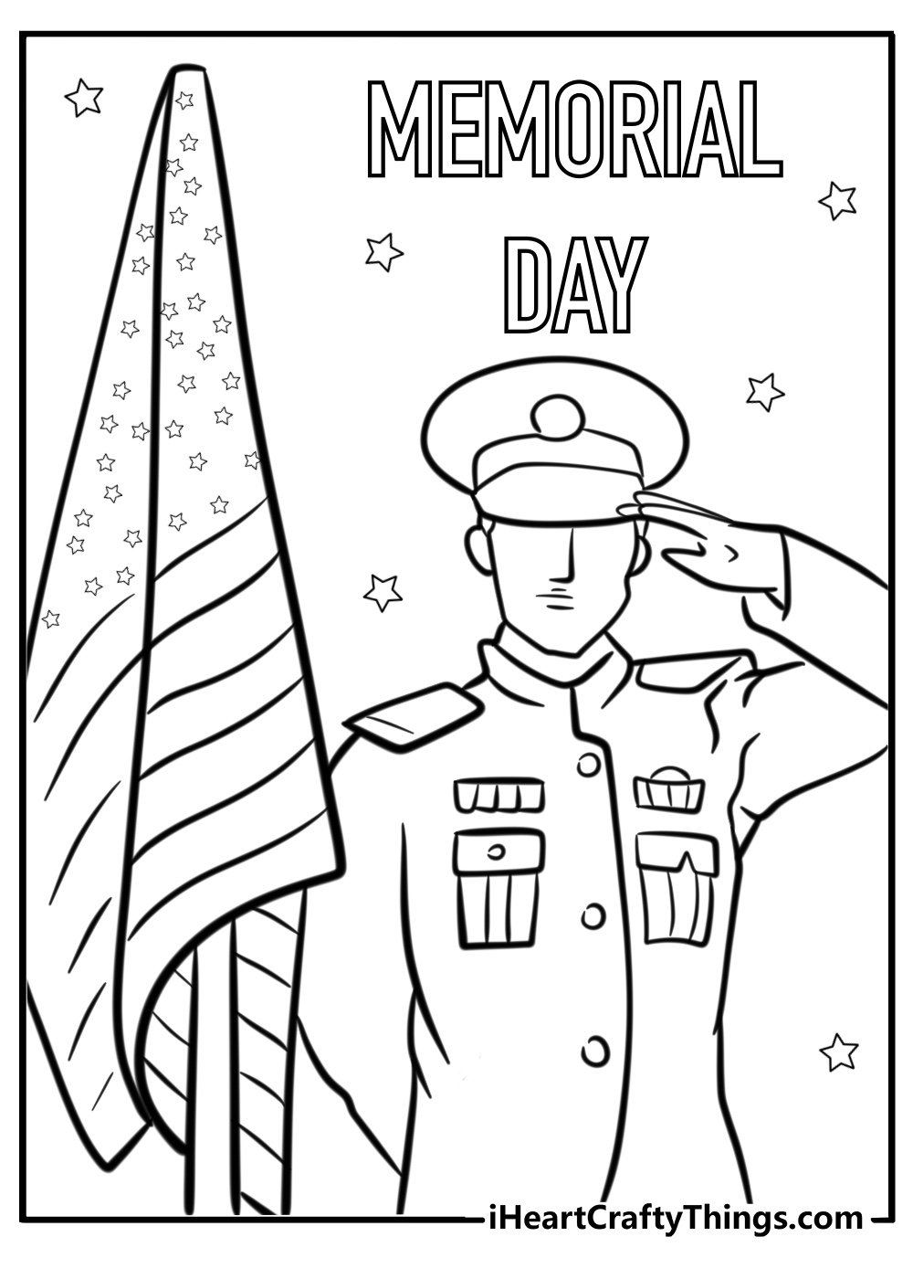 Memorial day coloring page of a soldier saluting at sunset