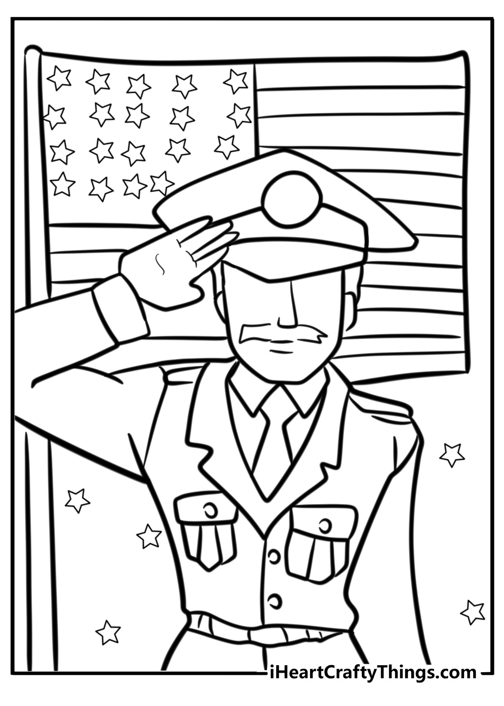 Memorial day coloring page of a soldier saluting the american flag