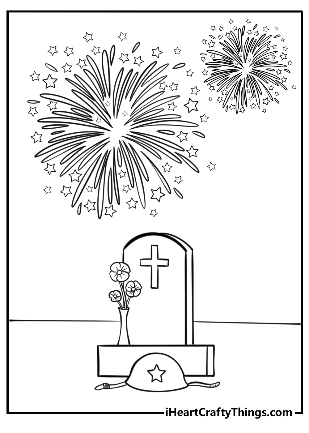 Memorial day coloring page of fireworks over a military cemetery