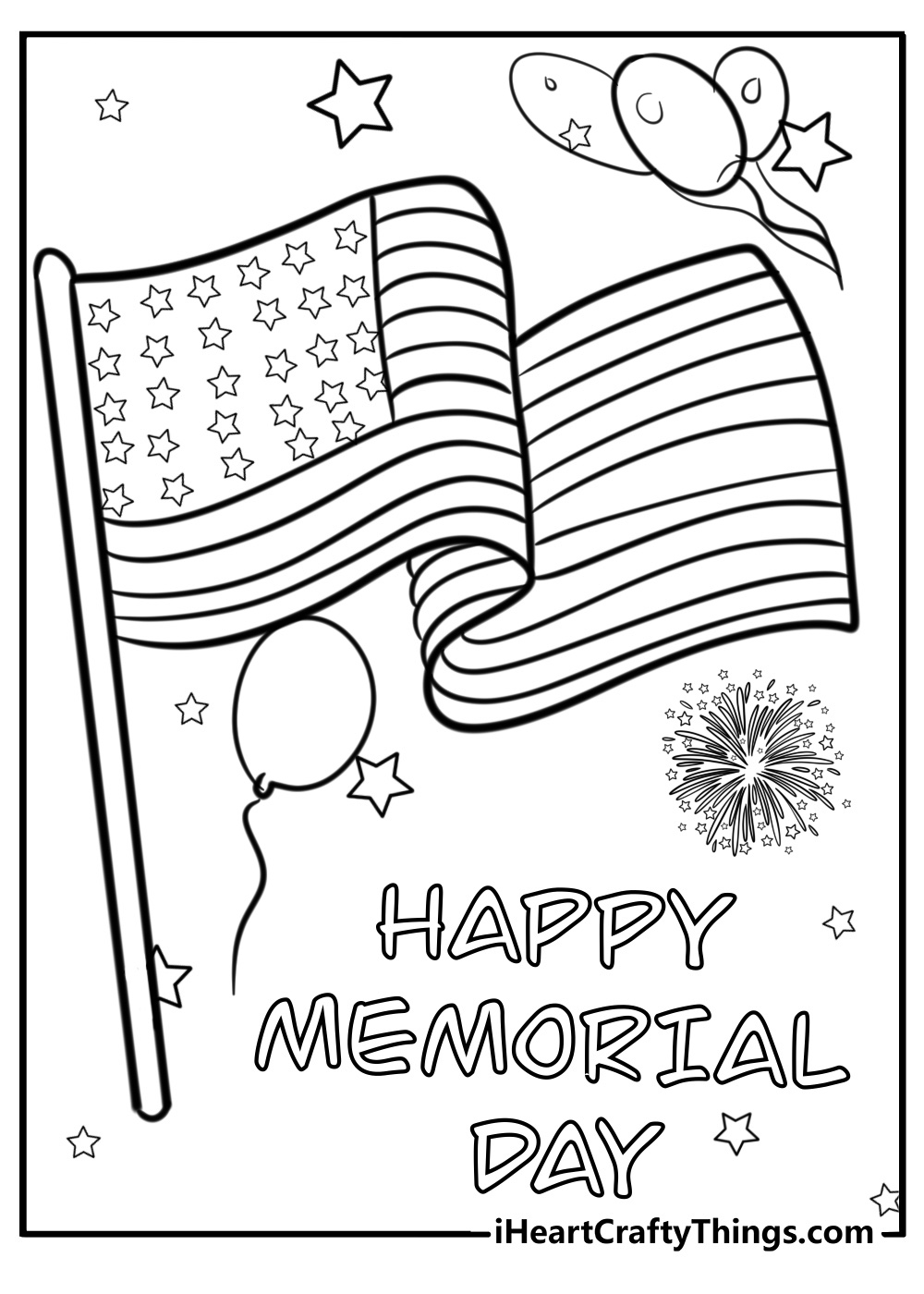 Memorial day coloring page with american flag and balloons for preschoolers