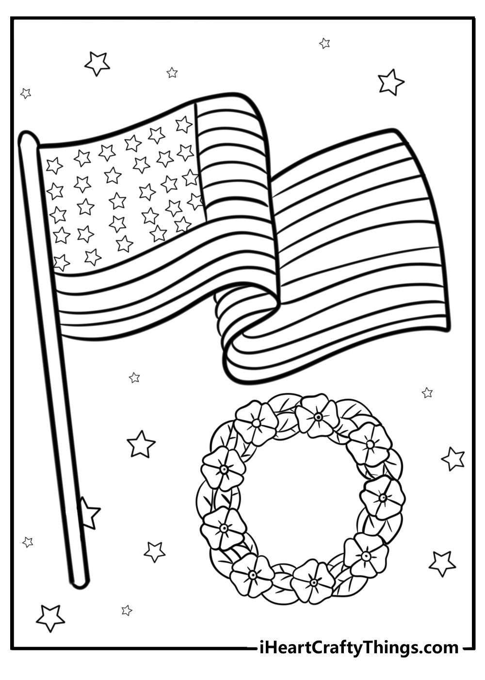 Memorial day memorial with wreaths and flags coloring sheet