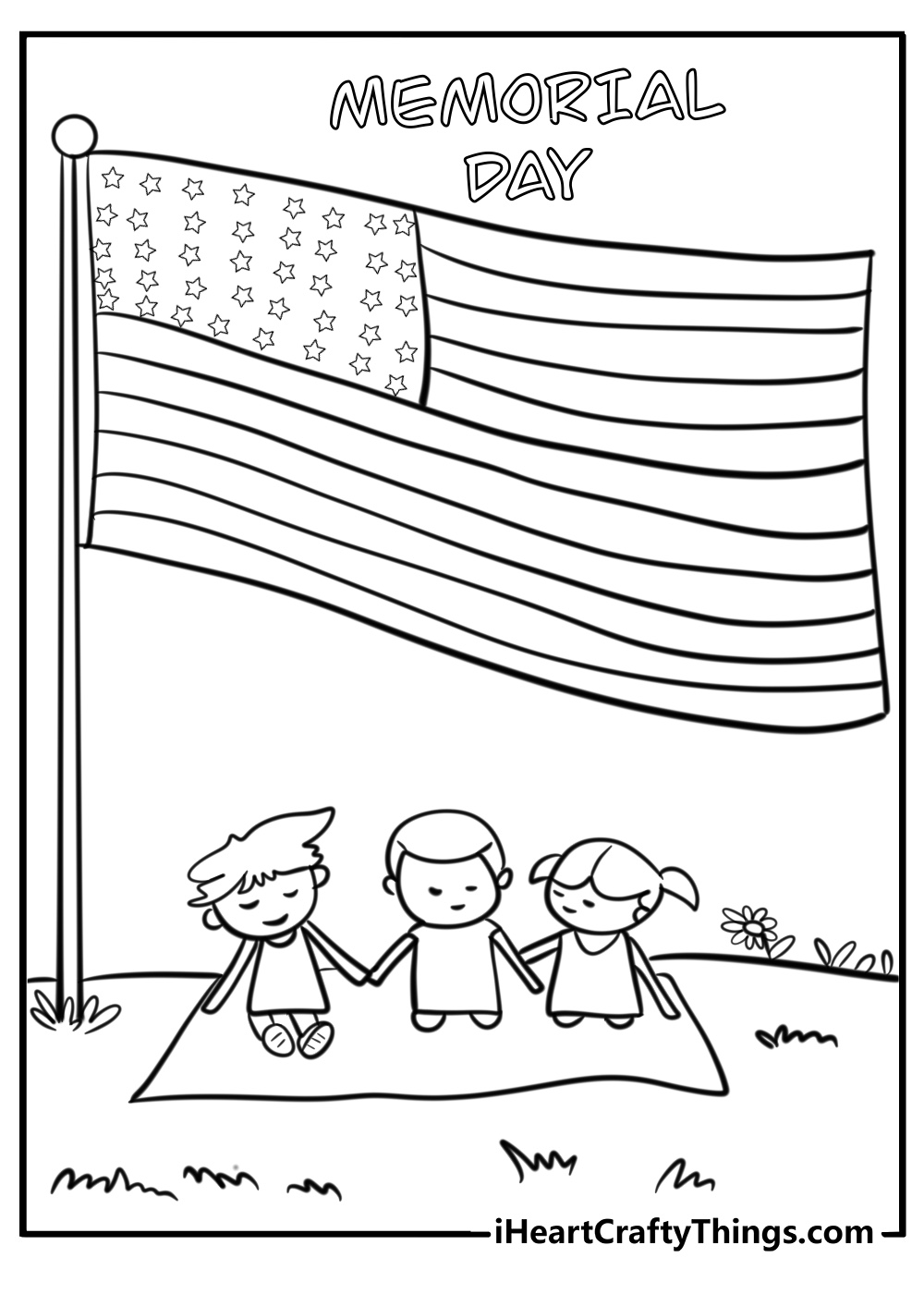 Memorial day picnic scene with families and flags coloring page