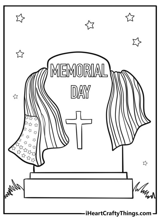 Memorial day scene with an american flag and a tombstone coloring sheet
