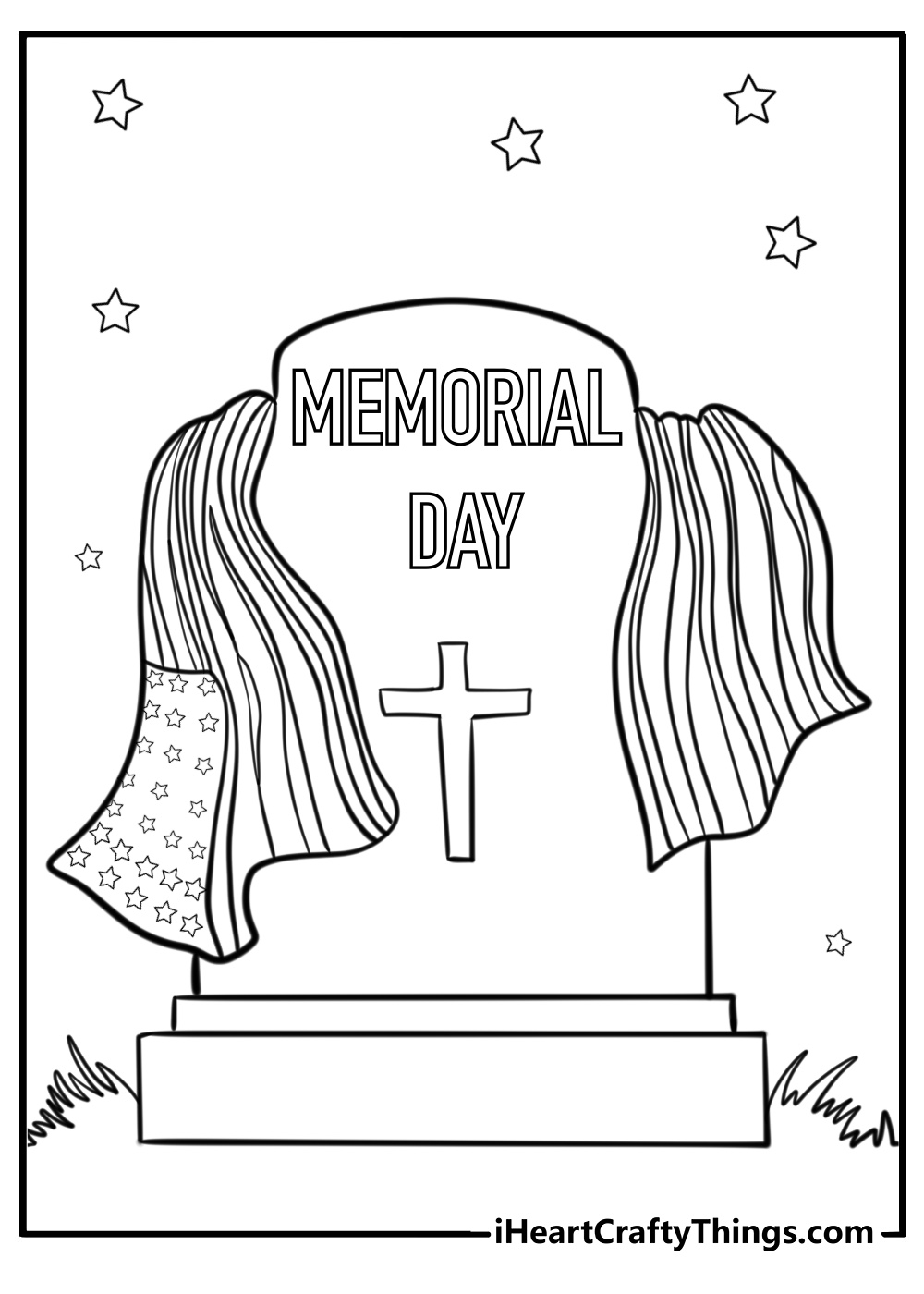 Memorial day scene with an american flag and a tombstone coloring sheet