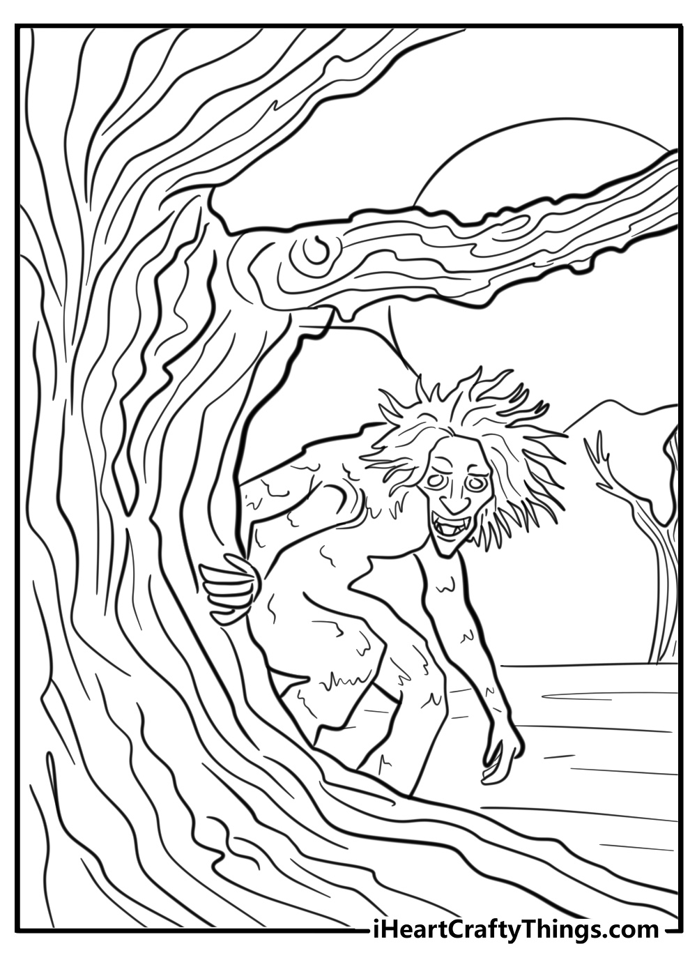 Monster hiding behind a tree fun Halloween coloring pages pdf